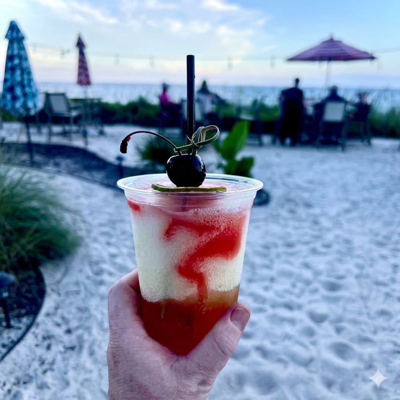 Hand holding a frozen red and white drink with a cherry, on a beach with ocean in background.