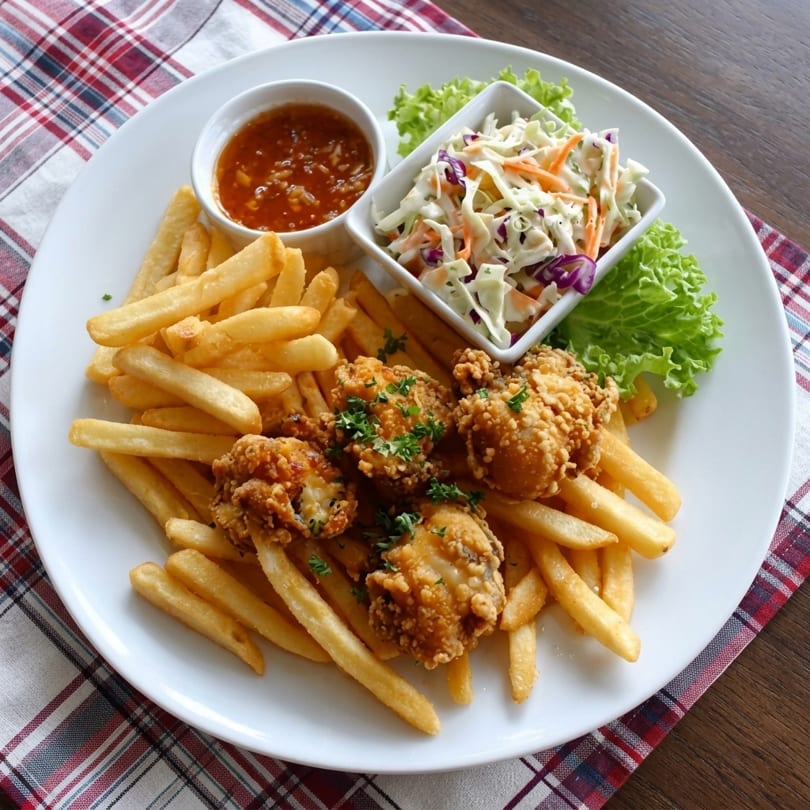 Fried chicken nuggets with french fries, coleslaw, and dipping sauce on a white plate.